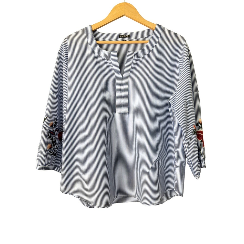 Hannah Womens Floral Embroidered Striped Tunic Top XL Blue White‎ Boho Blouse